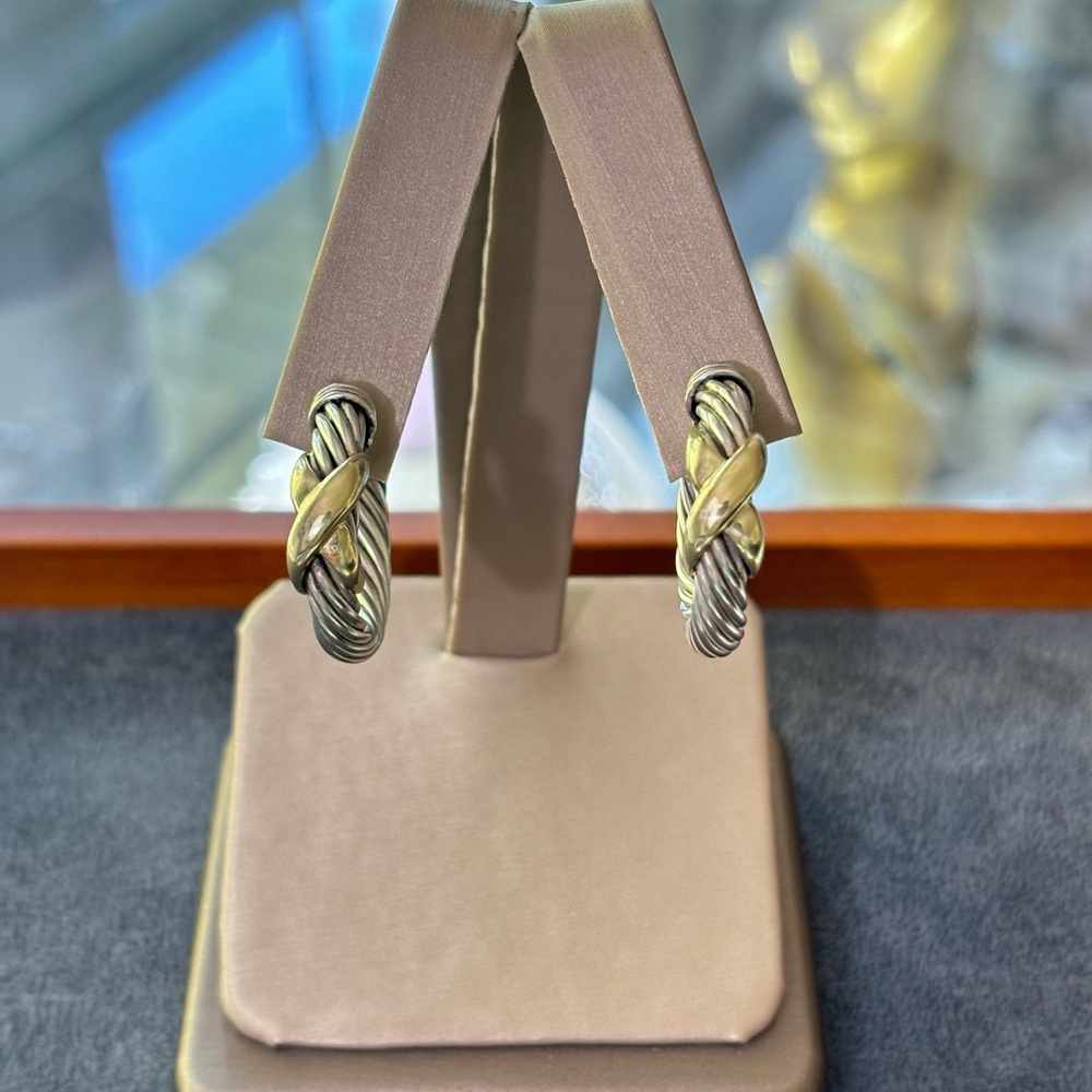 David Yurman 925 & 14k Gold Signature X Hoop Earrings 1" - Picture 8 of 8